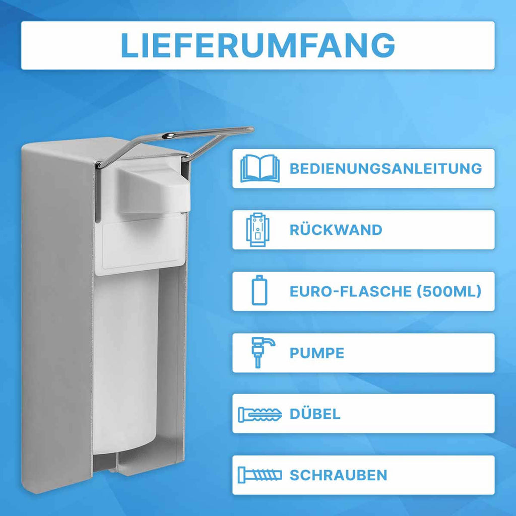 Desinfektionsmittelspender-Aluminium-AM521-Lieferumfang-500ml-kurzer-Hebel