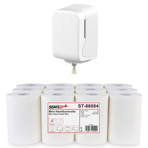 habeBox | Handtuchrollenspender MINI weiss | 12 x Handtuchrolle 2-lagig Innenabzug