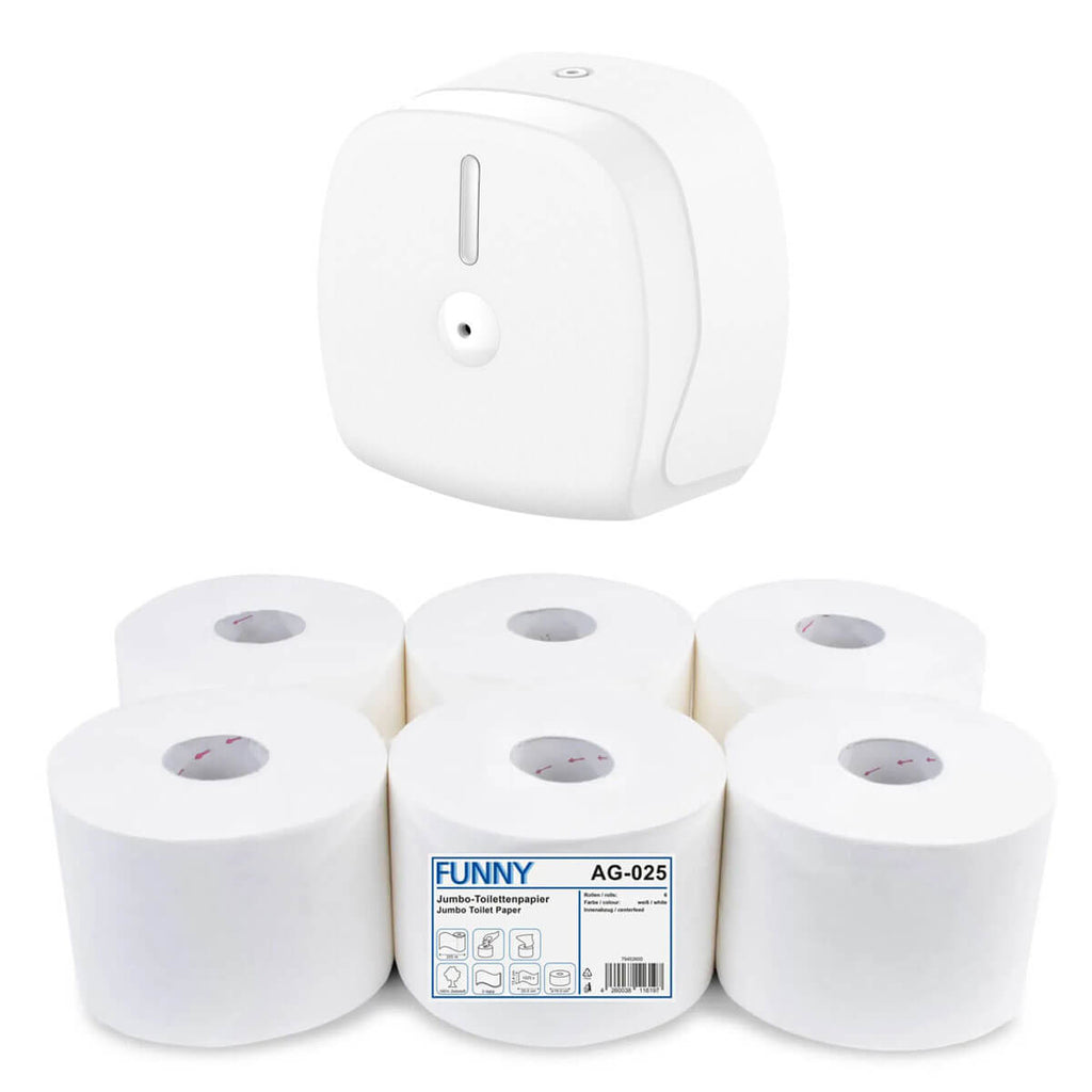 habeBox | Maxi Jumbo-Toilettenpapierspender, Innenabzug, weiß matt | 6 x Jumbo-Toilettenpapier, Centerfeed