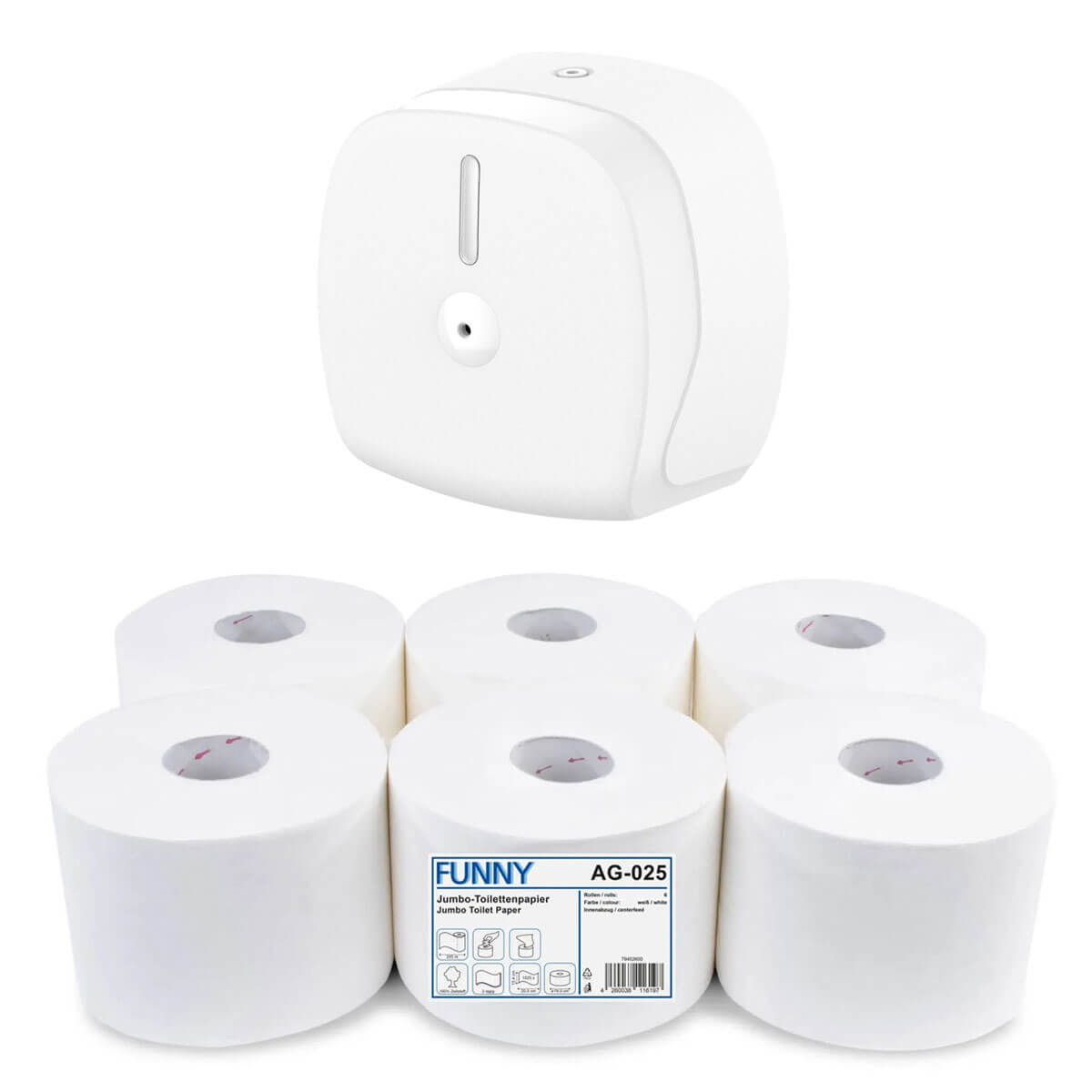 habeBox | Maxi Jumbo-Toilettenpapierspender, Innenabzug, weiß matt | 6 x Jumbo-Toilettenpapier, Centerfeed